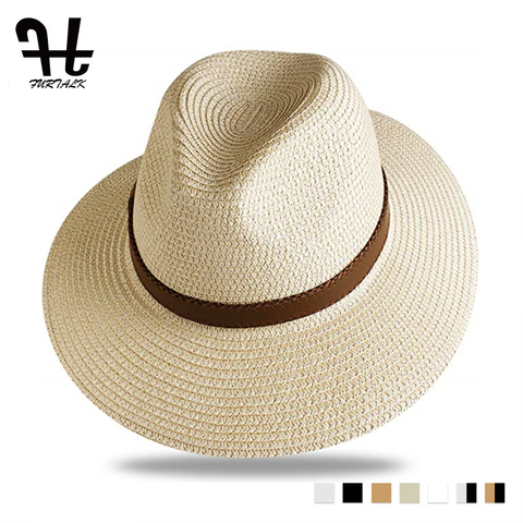 FURTALK-chapeau d'été en paille pour hommes et femmes, couvre-soleil avec ceinture en cuir, de Jazz, Panama, Fedora à large bord ► Photo 1/6