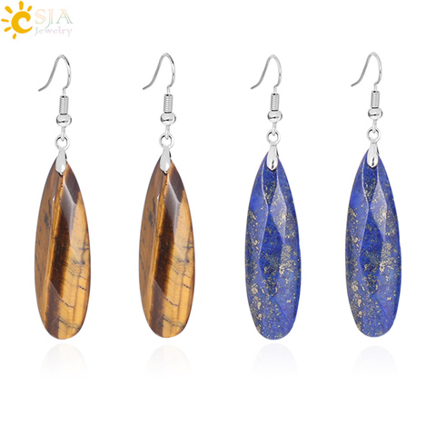 CSJA-boucles d'oreilles longues Dangle pour femmes, pendentif de coupe multi-facettes en pierre naturelle, œil de tigre, cristal, lave, goutte d'oreille géométrique F354 ► Photo 1/6