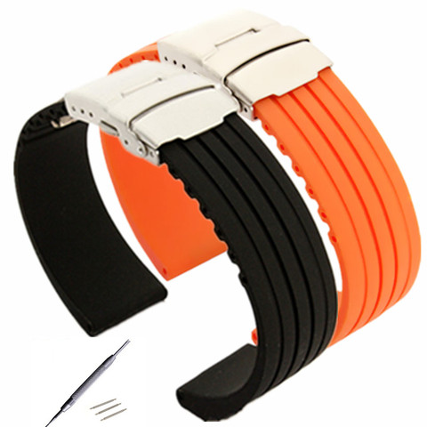 Bracelet de montre en caoutchouc de Silicone, étanche, 18 20 22 24mm, pour hommes et femmes, avec boucle à fermoir en déploiement et outil ► Photo 1/5