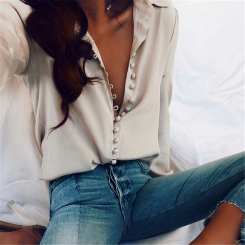 Mode femmes automne solide boutons Blouse chemise à manches longues chemises dames OL chemise blanc bureau chemise femmes vêtements ► Photo 1/6