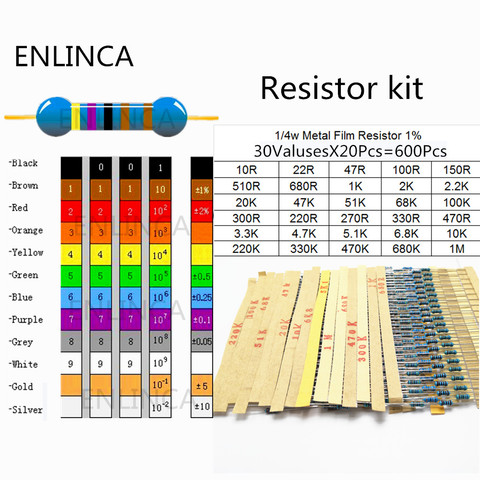 600 pièces/lot 30 valeurs * 20 pièces 1% 1/4 W kit de résistance à Film métallique à monter soi-même, utiliser une résistance à anneau coloré (10 ohms ~ 1 M ohm) ► Photo 1/4