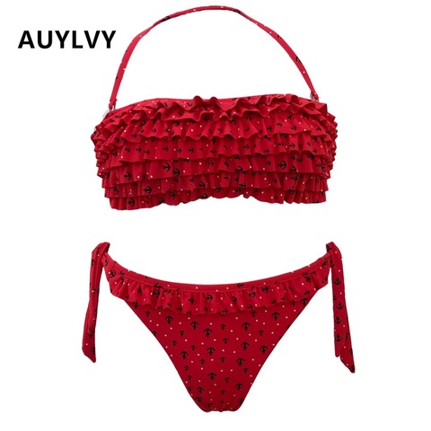 AUYLVY-maillot de bain à volants, maillot de bain Bandage fendu à volants, col licou, Push Up, ensemble deux pièces pour la plage, 2022 ► Photo 1/6