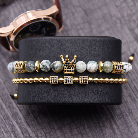 Bracelets de perles en pierre naturelle pour hommes, couronne de roi en zircone, breloques d'espacement, bijoux cadeaux de noël, 8mm ► Photo 1/6