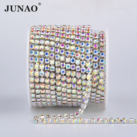 JUNAO SS6 8 10 12 16 18 clair AB verre Strass chaîne cristal ruban argent métal garniture Strass baguage pour vêtements artisanat ► Photo 1/6