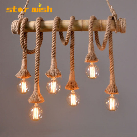 Star wish-lampe suspendue en bambou à corde de chanvre, luminaire décoratif rétro, idéal pour un restaurant, un bar, un jardin ou la faim ► Photo 1/6