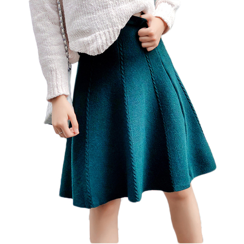 2022 automne hiver tricoté jupe femmes Midi taille haute une ligne tricot jupes une-pièce coutures plissé élastique épais Faldas ► Photo 1/6