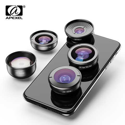 APEXEL 5in1 Kit d'objectif de téléphone portable photographie HD Fisheye Super grand Angle 4K Macro télescope ensemble d'objectif pour Samsung iPhone ► Photo 1/6