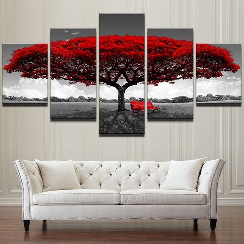 Modulaire toile HD imprime affiches décor à la maison mur Art photos 5 pièces rouge arbre Art paysage peintures cadre PENGDA ► Photo 1/6