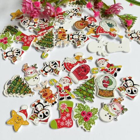 Mélange de boutons décoratifs en bois de noël 2 trous, Scrapbooking fait à la main pour fournitures artisanales, accessoires de couture, 50 pièces/paquet ► Photo 1/6