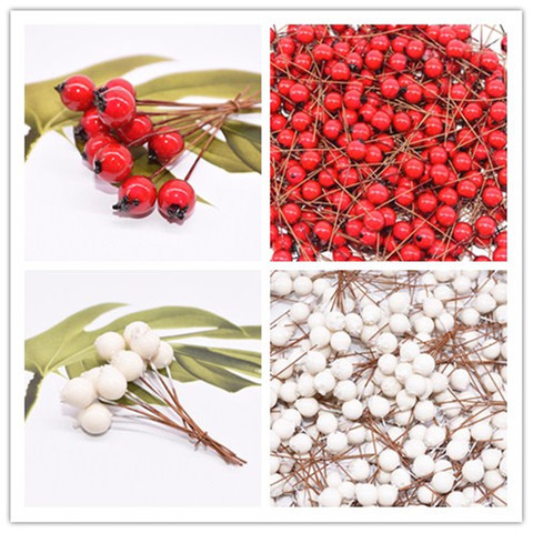 50pcs Mini faux fruits fleurs artificielles étamines rouge blanc baies cerise fausse fleur pour mariage décoration de noël ► Photo 1/6