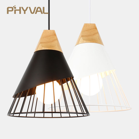 PHYVAL – lampe LED suspendue en bois, design nordique moderne, abat-jour en aluminium, idéal pour une chambre à coucher ou une cuisine, E27 ► Photo 1/6