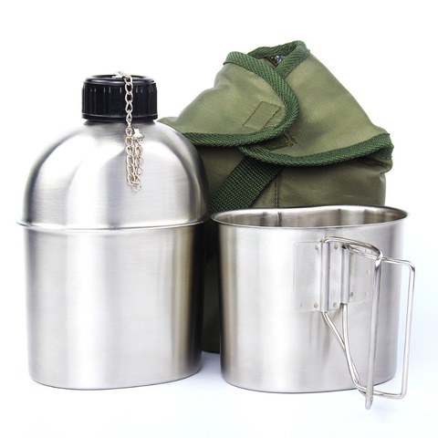 Cantine militaire portative de haute qualité d'acier inoxydable 1L Portable avec 0.5L tasse couverture verte Camping randonnée G.I. ► Photo 1/1