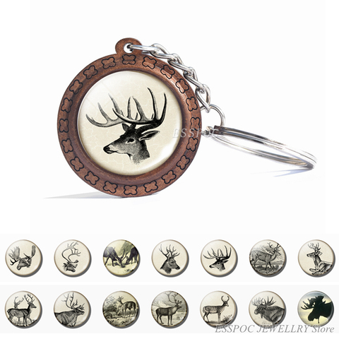 Porte-clés en bois cerf, Cabochon en verre, bijoux, pendentif Animal, Vintage, noir et blanc, Elk, cadeau de noël ► Photo 1/6