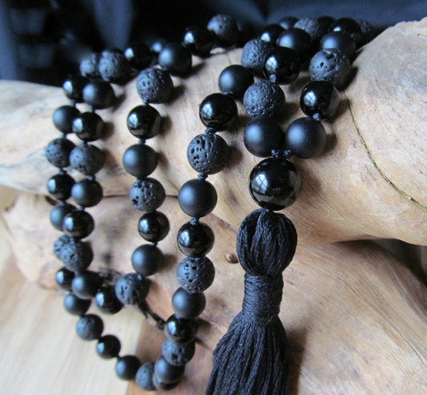 Collier Mala noir en Onyx et pierre de lave, 108 perles, bijoux de Yoga, perles de prière ► Photo 1/4