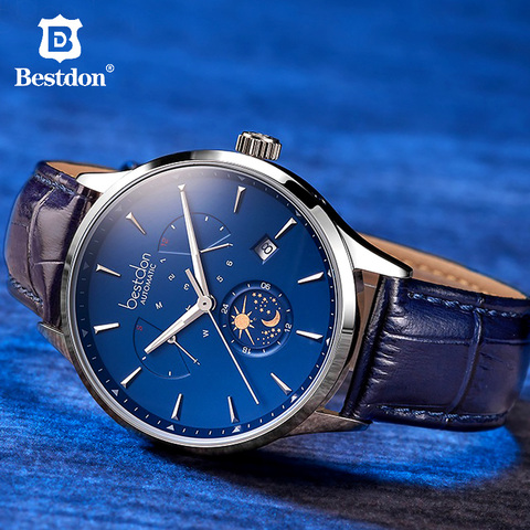 Bestdon-montre mécanique automatique, bracelet, marque de luxe, suisse, montre-bracelet, en cuir bleu, Phase de lune, pour hommes, 2022 ► Photo 1/1