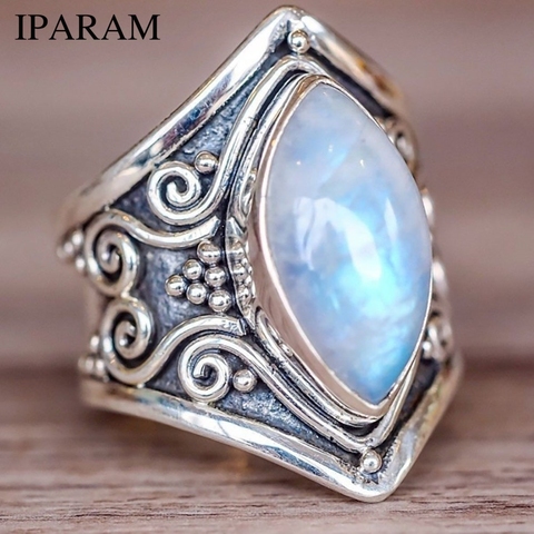 Bague de mariage en opale pour homme et femme, bijou style bohème, Vintage, couleur argent, grande pierre, cadeau, 2022 ► Photo 1/3