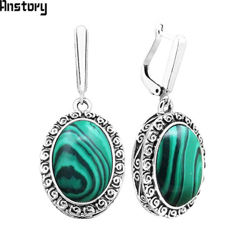 Grand Ovale Fleur Pendentif Malachite Boucles D'oreilles Pour Les Femmes Antique Argent Plaqué Partie De Mode Bijoux TE391 ► Photo 1/6