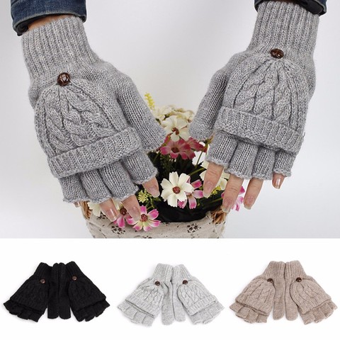 Gants tricotés sans doigts pour femmes et hommes, solides et doux, réchauffant la main en hiver ► Photo 1/6