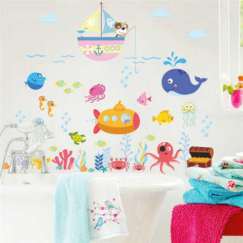 Autocollants muraux en forme de bulles de poisson sous-marin, pour enfants, salle de bains, chambre à coucher, décor de maison, dessin animé d'animaux, stickers muraux, bricolage, art mural ► Photo 1/5