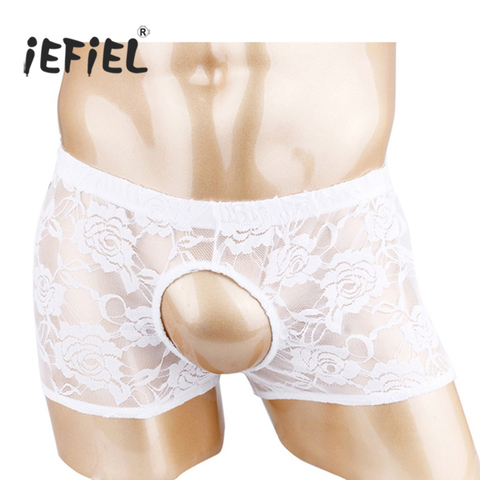 IEFiEL-short Boxer hommes en dentelle transparente transparente, fesses ouvertes, culottes gays à poche ouverte, sous-vêtements Sissy ► Photo 1/6