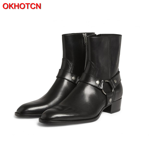 OKHOTCN-bottes Chelsea en cuir véritable pour hommes, Style Rome, chaussures Vintage à boucle, bottines à fermeture éclair ► Photo 1/6