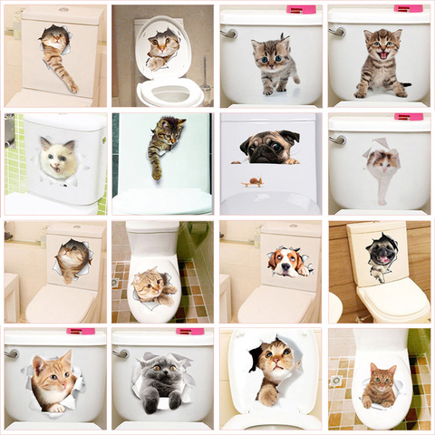 Autocollants muraux mignons pour toilettes, trou 3d avec animaux de chat, décoration artistique murale pour réfrigérateur pour la maison ► Photo 1/6