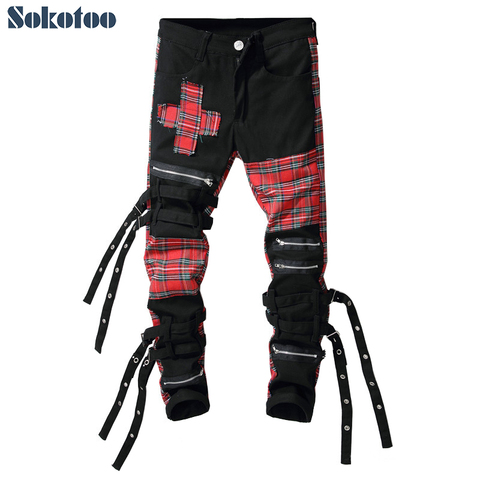Sokotoo – jean patchwork écossais pour hommes, pantalon en denim, slim, droit, croisé, à bandes, tendance ► Photo 1/6