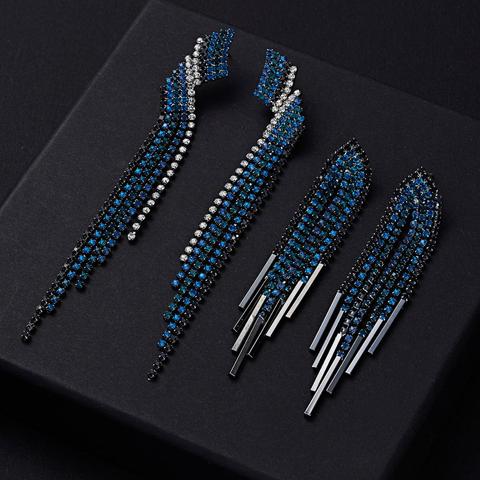 Boucles d'oreilles longues avec des strass de couleur bleue pour femmes, boucles d'oreilles géométriques, fiançailles de mariage, accessoires bijoux, cadeau ► Photo 1/6