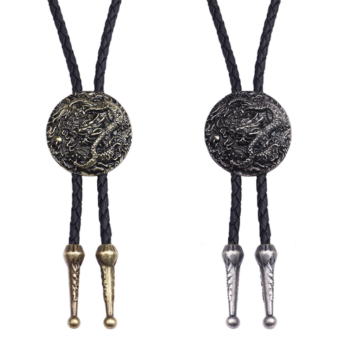 Collier en cuir Style ethnique BOLO pour hommes et femmes, Long pendentif avec lien Dragon chinois en argent, chaîne pull ► Photo 1/6