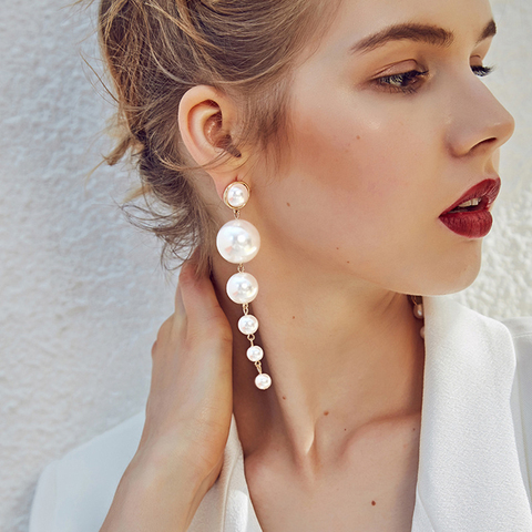 Boucles d'oreilles Vintage longues en imitation de perle, sans Piercing, pour femmes, pour fête de mariage, cadeau ► Photo 1/6