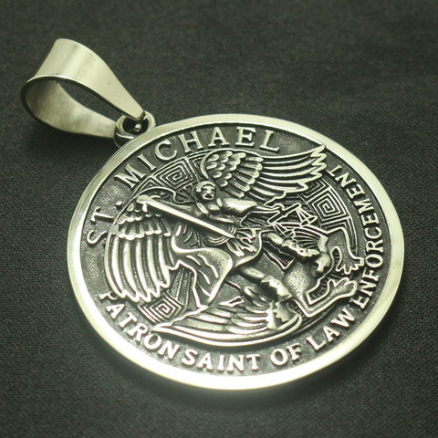 Pendentif en forme de médaille ronde pour homme et garçon, en acier inoxydable 316L, SAINT MICHAEL, protection américaine, nouveauté ► Photo 1/4