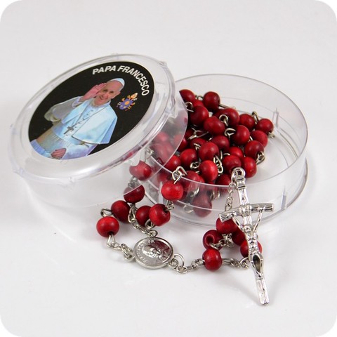 Collier croix du pape françois PP rose, parfum en bois, chapelet, perles, mode catholique, bijoux religieux ► Photo 1/4