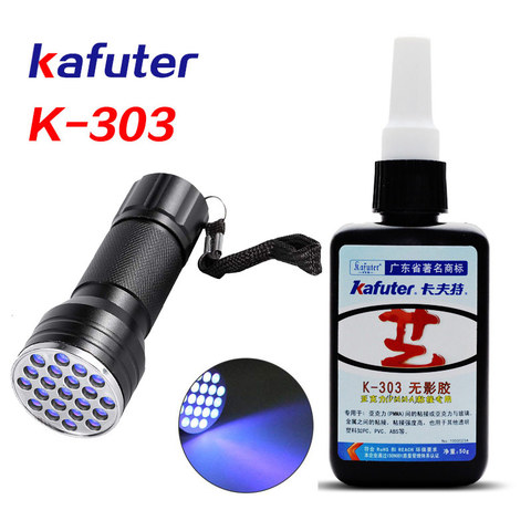 Kafuter-colle UV forte, 50ml, K-303 + 21led, lampe de poche UV, adhésif pour polymérisation du verre de cristal, liaison de métaux ► Photo 1/6
