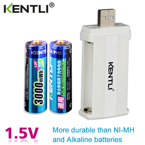 2 pièces KENTLI 1.5v 3000mWh li-polymère li-ion lithium rechargeable AA batterie batterie + 2 fentes CU57 chargeur ► Photo 1/6