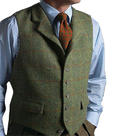 Gilet vert en laine Tweed pour homme, Slim, à revers, à carreaux, à chevrons, Tweed, gilet de smoking, personnalisé, pour mariage, 2022 ► Photo 1/6