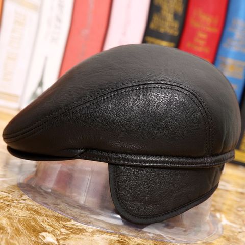 Chapeau à visière en cuir véritable pour homme, casquette béret en peau de mouton, Protection des oreilles, langue de canard, B-8653 ► Photo 1/6