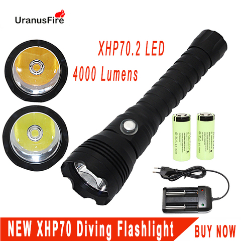XHP70.2 LED lampe de poche de plongée tactique 26650 torche jaune/blanc lumière 4000 Lumen sous-marin 100M étanche XHP70 lampe de plongée ► Photo 1/6