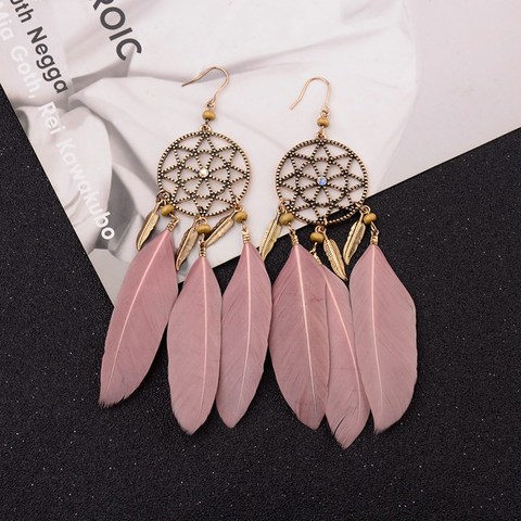 Boucles d'oreilles rose style Boho pour femmes, Bijoux, charme, Vintage, attrape-rêves, feuilles, pompon, boucles d'oreilles, HQE945, 2022 ► Photo 1/6