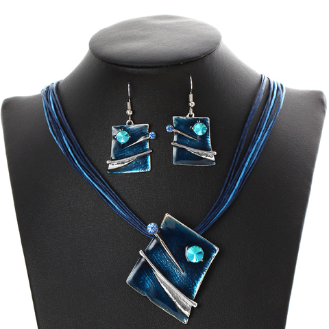 Ensemble de bijoux de fiançailles pour femmes, collier, boucles d'oreilles, pendentifs en cristal, strass bleu, lucite ► Photo 1/5