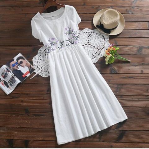 Mori Girl-robe longue brodée pour femmes, blanc, vert, bleu, manches courtes, robe féminine en lin, tenue florale élégante, été ► Photo 1/1