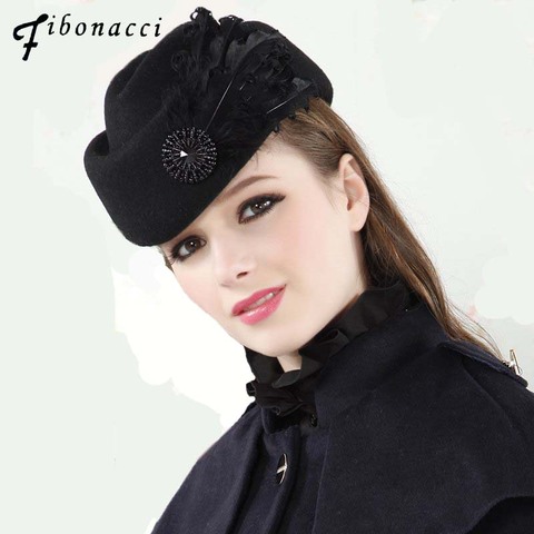 Fibonacci Fedoras mode Vintage laine feutre chapeau femmes élégant béret plumes hôtesse Fedora chapeaux église dames casquettes formelles ► Photo 1/6
