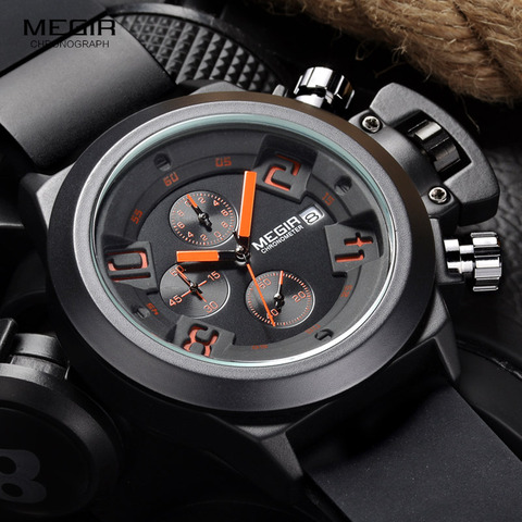 Megir – montre de Sport à Quartz pour hommes, bracelet en Silicone, affichage analogique, chronographe noir avec calendrier, 2002 ► Photo 1/6