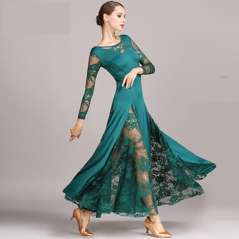 Robe Sexy en dentelle pour femmes, tenue de danse à manches longues, tango, valse, norme pour salle de bal, noir, rouge, bleu ou vert ► Photo 1/5