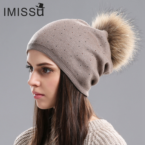 IMISSU-chapeau en laine pour femmes, bonnet d'hiver, bonnet tricoté, pompon en vraie fourrure de raton laveur, couleurs unies, Ski Gorros, casquette pour femme décontractée ► Photo 1/5