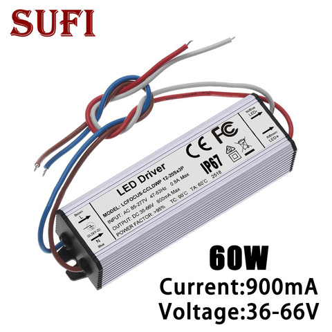 Pilote LED haute puissance 60 W, 36W 42W 45W 48W 54W 60 W 900mA DC35-66V, alimentation étanche IP67 pour projecteur 36 42 45 48 54 60 W ► Photo 1/1