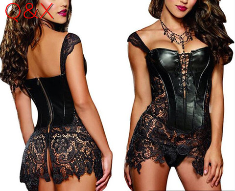 D1 2017 S-6XL Plus La Taille Sexy Lingerie Femmes Noir Faux Cuir et Dentelle Burlesque Steampunk Corset Robe Gothique Bustier Corset ► Photo 1/6