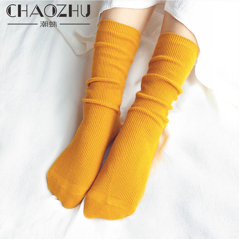 CHAOZHU Japonais Lycée Filles Haute Chaussettes Lâche Solide Couleurs Double Aiguilles À Tricoter Coton Longues Chaussettes Femmes ► Photo 1/6