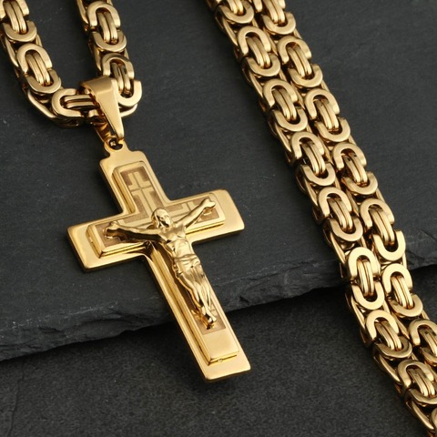 Hommes Acier Inoxydable de Jésus Christ Saint Crucifix Croix Pendentifs Colliers Catholique À Longue Chaîne Colliers Garçons Cadeaux Bijoux NC011 ► Photo 1/6