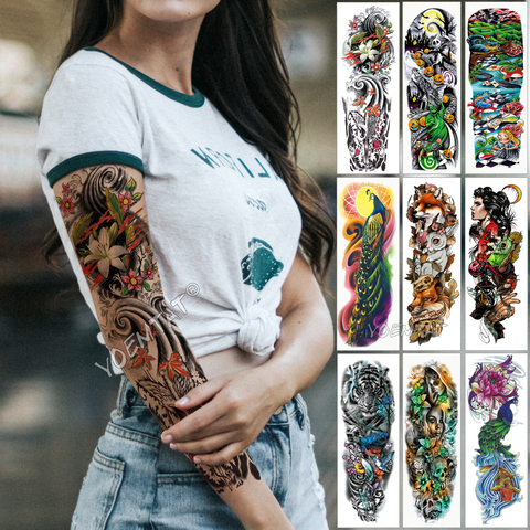 Grand bras manches tatouage vague japonaise imperméable temporaire tatouage autocollant Lily paon hommes plein tigre renard Tatoo Body Art femmes ► Photo 1/6