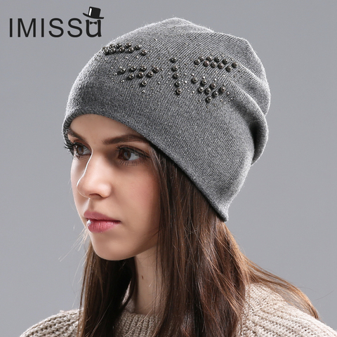 Imissa – Casquette d'hiver en laine tricotée pour femme, chapeau décontracté avec perle papillon, couleurs unies, Ski Gorros ► Photo 1/5